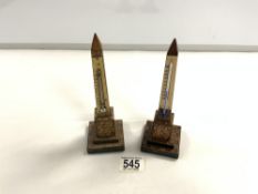 TWO TUNBRIDGE WARE OBELISK FORM DESK THERMOMETERS, 20 CMS TALLEST.