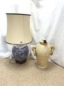 CHINESE PORCELAIN VASE LAMP, 32 CMS, AND A RATTAN DESIGN TABLE LAMP.