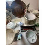 SIX VICTORIAN TRANSFER PRINTED LOVING CUPS, GREEN POTTERY FLASK AF, AND OTHER ITEMS.