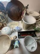 SIX VICTORIAN TRANSFER PRINTED LOVING CUPS, GREEN POTTERY FLASK AF, AND OTHER ITEMS.