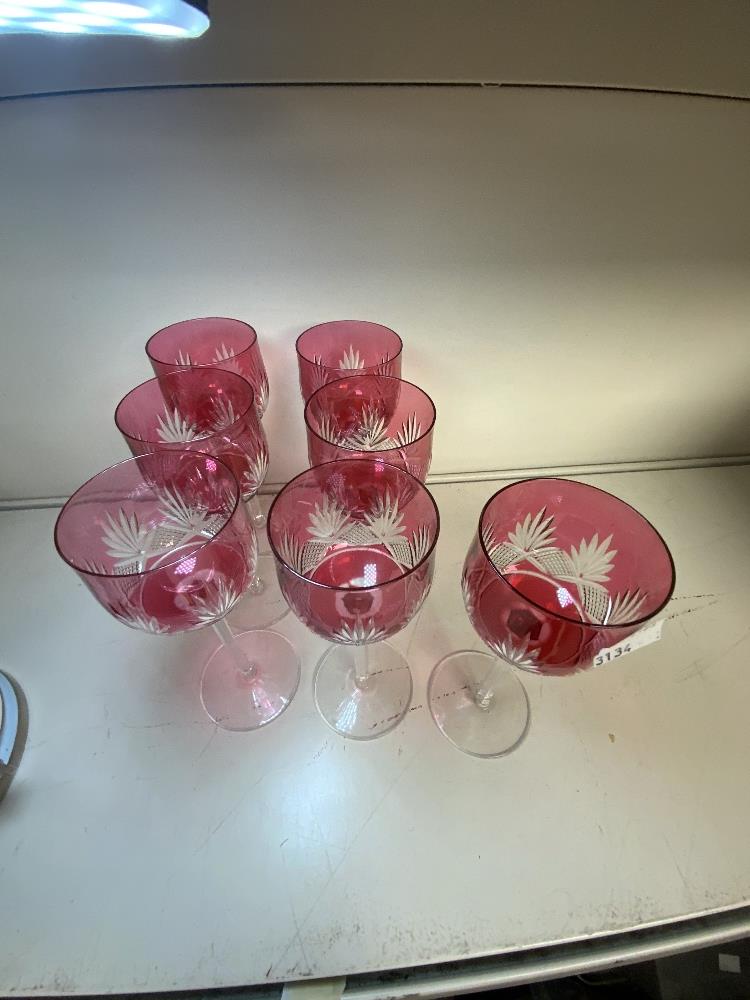 SEVEN CRANBERRY HOCK WINE GLASSES. - Image 2 of 3