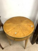 WALNUT CIRCULAR DRUM TABLE WITH BRASS AND INLAY DETAIL AND DRAW 72 CM