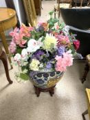 VINTAGE CHINESE FISHBOWL/PLANT POT WITH ENAMEL WORK INCLUDES FAUX FLOWERS AND WOODEN STAND