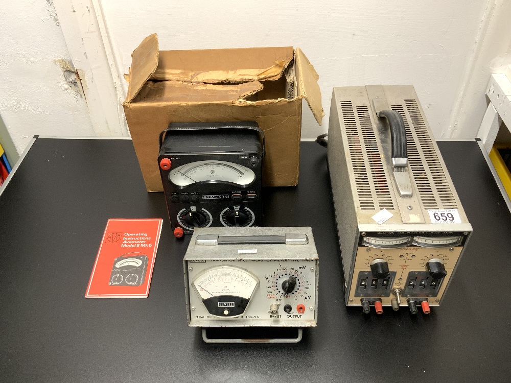 LEVELL TRANSISTOR A.C. MICROVOLTMETER TYPE TM3A, AND AVOMETER 8, AND A SOLARTRON DUAL PSU AS 1416.