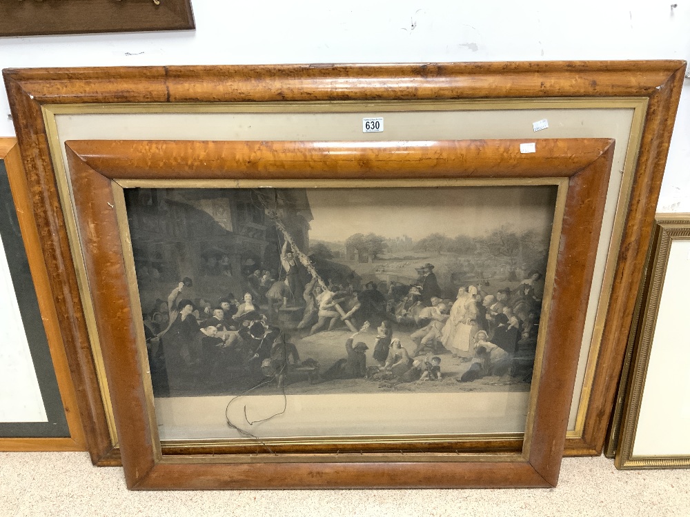 LARGE ENGRAVING TITLED RAISING THE MAY-POLE BY C.W.SHARPE. FRAMED AND GLAZED IN A WALNUT FRAME 123 X