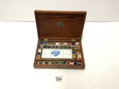 VICTORIAN MAHOGANY LANDSEER ARTISTS PAINT BOX AND PAINTS.