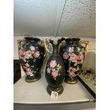 PAIR OF LATE VICTORIAN ROSE PATTERN TWO HANDLE VASES, 38CMS, AND A MATCHING JUG.