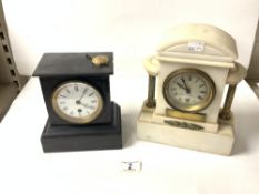 VICTORIAN WHITE ALABASTER MANTEL CLOCK WITH GILT COLUMNS 25CM WITH A VICTORIAN BLACK SLATE MANTEL