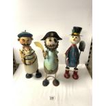 THREE TIN PLATE FIGURES - PIRATE, SNOWMAN, AND FRENCH BREAD SELLER, 38 CMS.