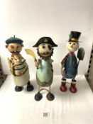 THREE TIN PLATE FIGURES - PIRATE, SNOWMAN, AND FRENCH BREAD SELLER, 38 CMS.