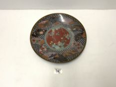 JAPANESE CLOISONNE WALL PLATE DECORATED WITH BIRDS AND FLOWERS, 30 CMS DIAMETER.