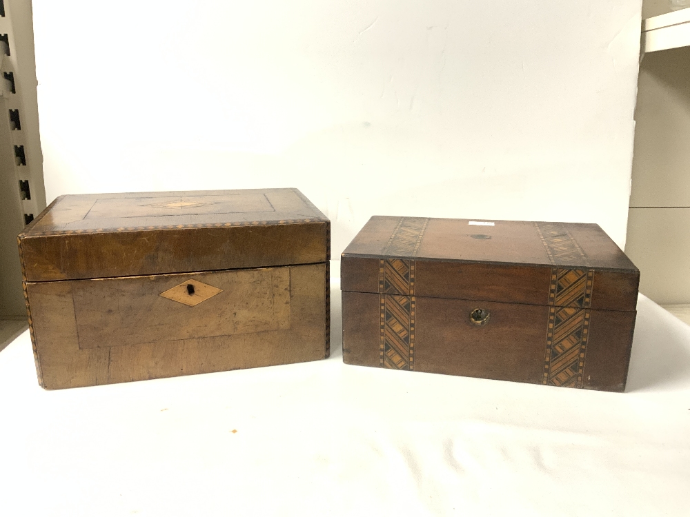 TWO VICTORIAN WALNUT AND PARQUETRY INLAID SEWING BOXES, 26 CMS. - Image 4 of 4