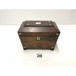 SMALL EARLY VICTORIAN ROSEWOOD TEA CADDY WITH MOTHER O PEARL INLAY AND RING HANDLES ON BUN FEET,