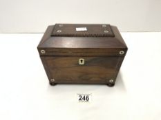 SMALL EARLY VICTORIAN ROSEWOOD TEA CADDY WITH MOTHER O PEARL INLAY AND RING HANDLES ON BUN FEET,