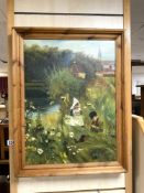 WILSON SIGNED OIL ON CANVAS OF TWO CHILDREN BY THE RIVER FRAMED 54 X 69 CM