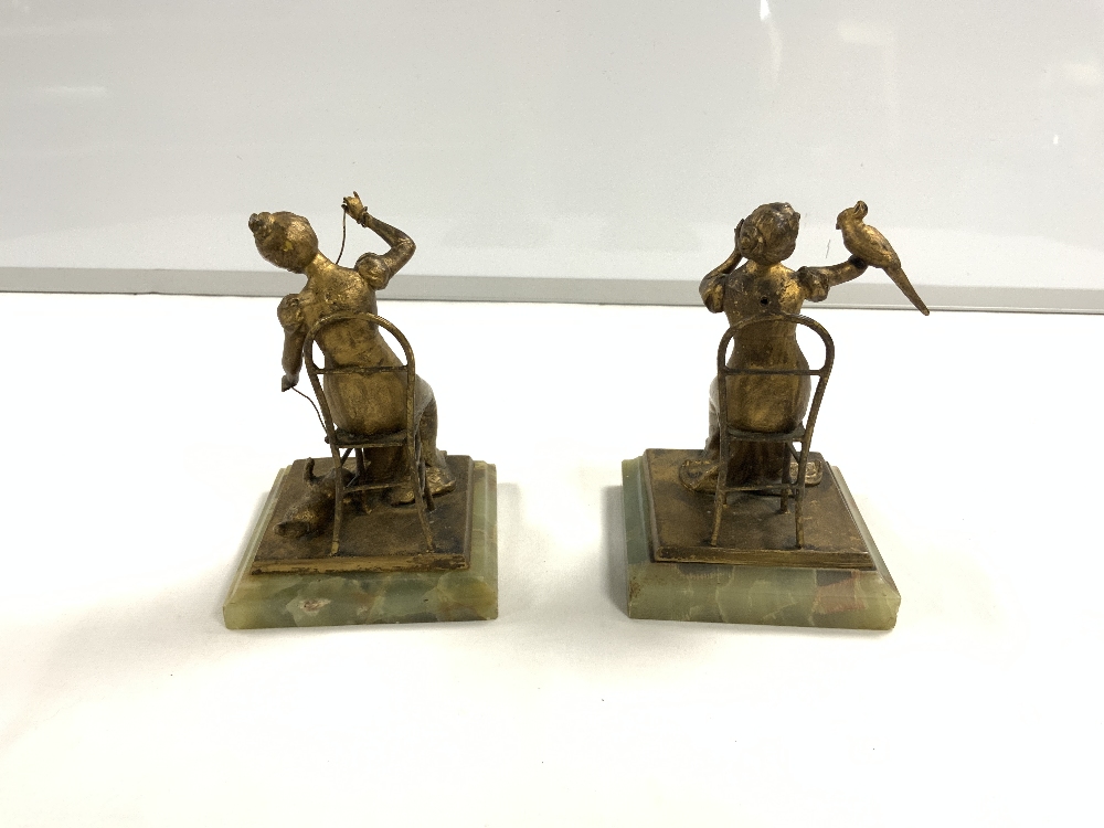 PAIR OF FRENCH GILT BRONZE LADY FIGURAL BOOKENDS ON ONYX BASES, 16 CMS. [ ONE WITH MISSING HAND ]. - Image 4 of 4