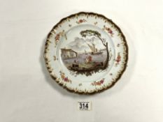 19TH-CENTURY FRENCH FAIENCE PLATE PAINTED COASTAL SCENE WITH FIGURES AND FLORAL SPRIGS WITHIN