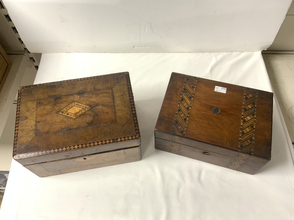 TWO VICTORIAN WALNUT AND PARQUETRY INLAID SEWING BOXES, 26 CMS. - Image 2 of 4