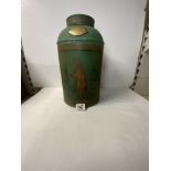 GREEN JAPANED TOLWARE METAL TEA CANNISTER, 35 CMS.