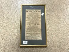 1816 POSTER FOR THE DURY LANE THEATRE FRAMED AND GLAZED