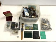 QUANTITY OF MODERN WRISTWATCHES AND STRAPS, ALSO OMEGA WATCH BOX.