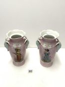 PAIR OF FRENCH PINK PORCELAIN VASES, DECORATED WITH LADIES AND FLOWERS, WITH FAWN MASK MOUNTS, 25