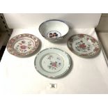 CHINESE PORCELAIN BOWL DECORATED IN FAMILLE VERTE ENAMELS, 22CMS, AND 3 CHINESE FAMILLE ROSE PLATES,