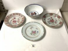 CHINESE PORCELAIN BOWL DECORATED IN FAMILLE VERTE ENAMELS, 22CMS, AND 3 CHINESE FAMILLE ROSE PLATES,