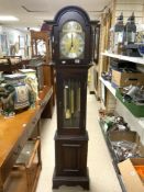 REPRODUCTION MAHOGANY LONG CASE CLOCK, WITH BRASS AND SILVERED CHAPTERED DIAL.