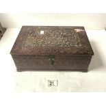 VINTAGE ROSEWOOD CARVED SEWING BOX SOME CONTENTS 32 X 21 CM