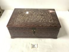 VINTAGE ROSEWOOD CARVED SEWING BOX SOME CONTENTS 32 X 21 CM