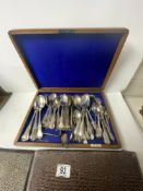 A QUANTITY OF KINGS PATTERN CUTLERY, CASED SET OF FISH EATERS IN CASE, AND TEA KNIVES IN CASE.