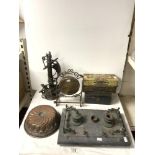 CIRCULAR COPPER JELLY MOULD, TWO VINTAGE BISCUIT TINS, BRASS GONG, SPELTER FIGURE A/F, AND SLATE