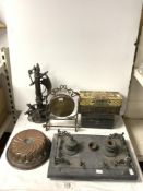 CIRCULAR COPPER JELLY MOULD, TWO VINTAGE BISCUIT TINS, BRASS GONG, SPELTER FIGURE A/F, AND SLATE