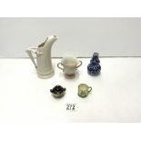 WORCESTER WHITE PORCELAIN JUG, A/F, WEDGEWOOD URN SHAPED TWO HANDLE CUP A/F, SMALL CHINESE BLUE