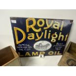 ENAMEL STYLE ROYAL DAYLIGHT SIGN, AND THREE REPRODUCTION WOODEN BOTTLE HOLDERS.