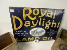 ENAMEL STYLE ROYAL DAYLIGHT SIGN, AND THREE REPRODUCTION WOODEN BOTTLE HOLDERS.