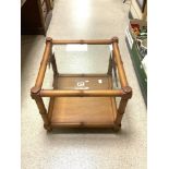 A FAUX BAMBOO TWO TIER GLASS TOP SQUARE OCCASIONAL TABLE, 53X46 CMS.