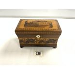 VICTORIAN ROSEWOOD TUNBRIDGE WEAR TEA CADDY ON BUN FEET ( BATTLE ABBEY ) 21.5 X 11 X 12.5 CM