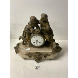 FRENCH ALABASTER AND SPELTER BOY AND GIRL FIGURE MOUNTED MANTEL CLOCK, 36 X 30CM