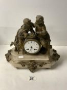 FRENCH ALABASTER AND SPELTER BOY AND GIRL FIGURE MOUNTED MANTEL CLOCK, 36 X 30CM