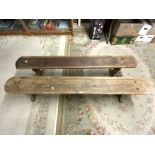 TWO ANTIQUE OAK AND ELM CHURCH BENCHES, 192X25 CMS LARGEST.