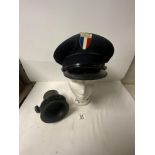 A VINTAGE KLAXON CAR HORN, No - 2667, AND A FRENCH POLICE CAP.