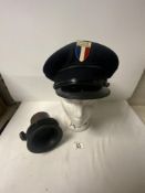 A VINTAGE KLAXON CAR HORN, No - 2667, AND A FRENCH POLICE CAP.