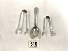 TWO PAIRS OF HALLMARKED SILVER SUGAR TONGS, AND A VICTORIAN HALLMARKED SILVER TEASPOON, 53 GRAMS.