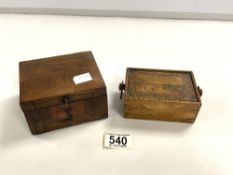 SMALL EARLY VICTORIAN ROSEWOOD TRINKET BOX, AND A SMALL VICTORIAN COTTON BOX WITH DECORATED LID.