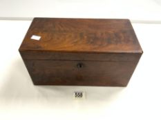 EARLY VICTORIAN FLAME MAHOGANY TEA CADDY, WITH TEA BOXES AND GLASS MIXING BOWL, 34X18 CMS.