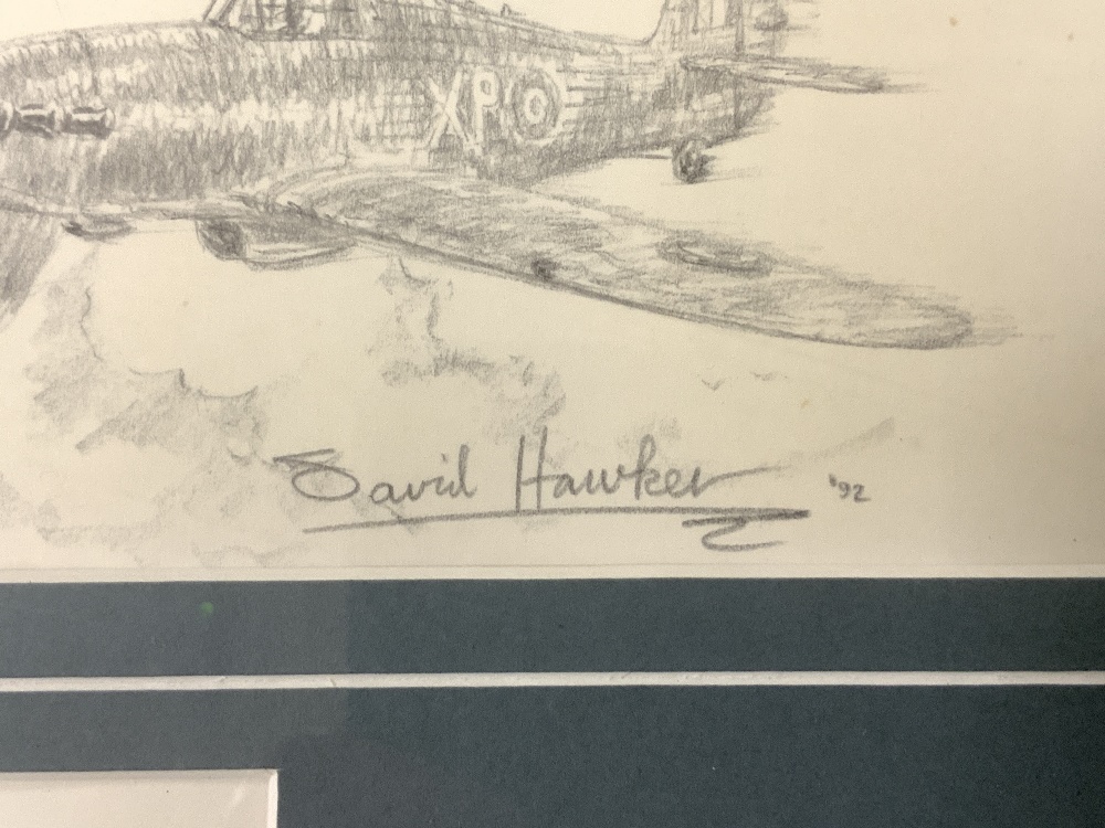 PENCIL SKETCH OF SPITFIRE AND HURRICANE OF WW2, SIGNED DAVID HAWKER, 92, 31X22 CMS. - Image 3 of 5