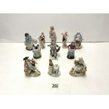 PAIR OF DRESDEN PORCELAIN SEATED FIGURES, 10 CMS, ONE A/F, AND 9 OTHER CONTINENTAL PORCELAIN