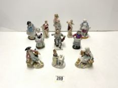PAIR OF DRESDEN PORCELAIN SEATED FIGURES, 10 CMS, ONE A/F, AND 9 OTHER CONTINENTAL PORCELAIN